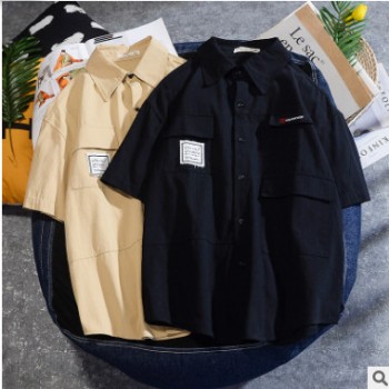 日系工裝短袖襯衫男士2020春夏新款卡其色五分袖中袖襯衣薄外套男