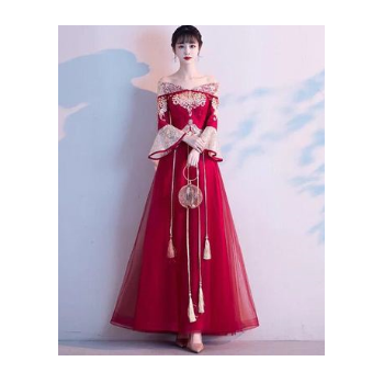一字肩敬酒服2020新款中式大氣長款孕婦遮肚子新娘結婚紅色禮服女