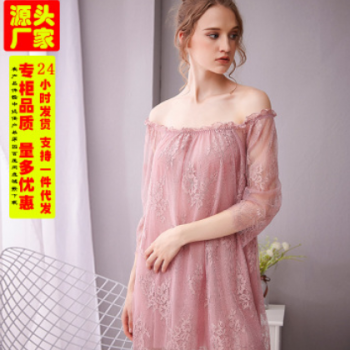 性感透視一字肩宮廷風睡衣女士雙層大碼七分袖家居服蕾絲睡裙女夏