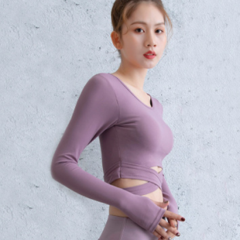 秋季新款帶胸墊長款瑜伽上衣女外穿交叉性感速干跑步運動緊身衣