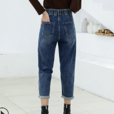 九分牛仔褲女2020秋冬新款韓版寬松顯瘦松緊腰闊腿高腰小腳老爹褲