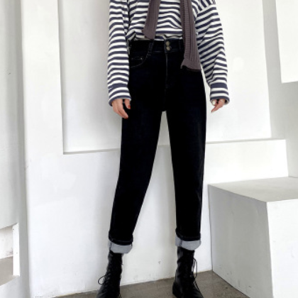 2020秋冬新款哈倫褲韓版修身高腰直筒加絨顯瘦寬松彈力牛仔褲女