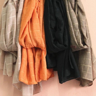 日系復古文藝純色棉麻圍巾女韓國秋冬新款棉麻格子圍巾絲巾披肩