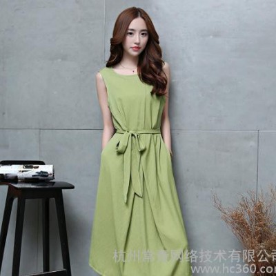 連衣裙女夏季2016新款圓領(lǐng)無袖套頭長款寬松棉麻簡約連衣裙配