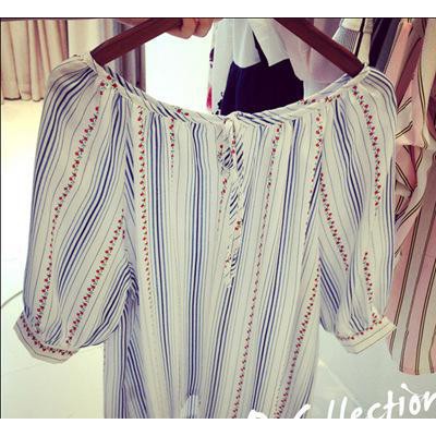 韓版寬松碎花條紋泡泡袖棉麻娃娃款襯衫女