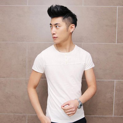 夏裝新款男士短袖T恤男式棉麻半袖汗衫拼接拼色韓版修身休閑舒適