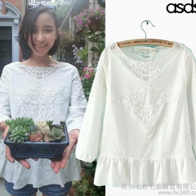 ASDS 2015夏季新款 棉麻泡泡袖荷葉邊蕾絲鏤空刺繡上衣