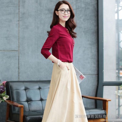 夏季新款女裝學院長裙修身兩件套棉麻連衣裙亞麻套裝裙文藝