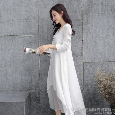 森系亞麻連衣裙春夏季中長裙長袖寬松打底裙文藝范白色棉麻連衣裙