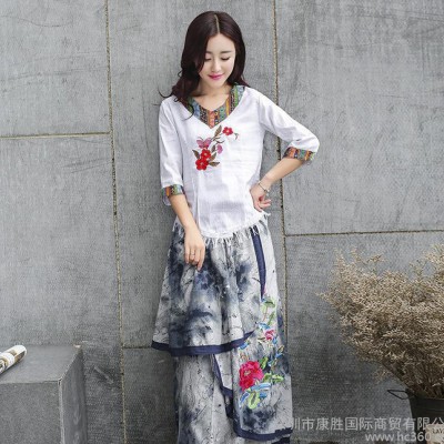 2016春夏亞麻裙新款民族風水墨印花V領棉麻連衣裙修身套裝長
