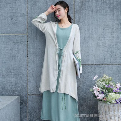 2016夏裝新款文藝棉麻不規則連衣裙復古清新印花寬松顯瘦兩件