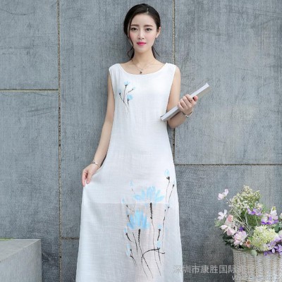 寬松棉麻連衣裙夏中長款水墨畫修身亞麻長裙女印花2016春薄長
