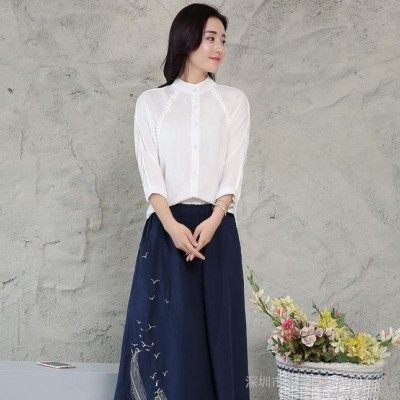 棉麻連衣裙女中長款2016春夏新款七分袖修身文藝刺繡套裝裙兩