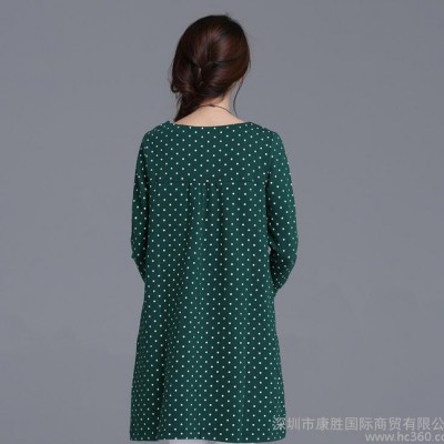 2016春裝新款女裝文藝連衣裙大碼打底衫圓領棉麻顯瘦九分袖連