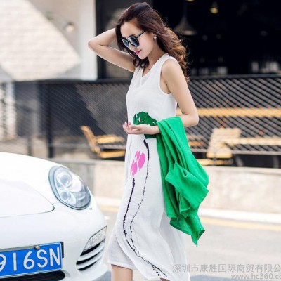 夏季新款休閑中長開衫上衣無袖背心裙夏裝時尚兩件套棉麻連衣裙女