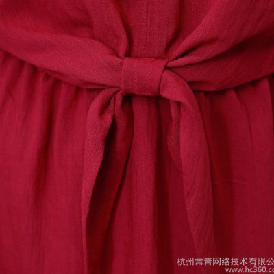 連衣裙女2016夏季女裝上新圓領(lǐng)短袖高腰顯瘦純色棉麻連衣裙配