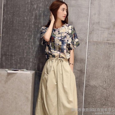 夏季短袖圓領印花寬松大碼棉麻T恤上衣亞麻半身長裙兩件套連衣裙