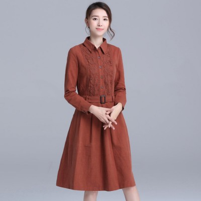 文藝棉麻連衣裙2016春裝新款中長裙氣質長袖連衣裙春秋季顯瘦