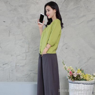 棉麻連衣裙長裙兩件套2016春裝新款女裝韓版修身七分袖時尚套
