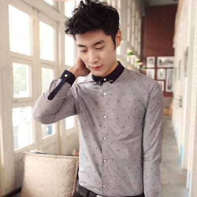 商務休閑男式印花長袖襯衫男士襯衣寸衣韓版潮修身拼色棉麻金屬