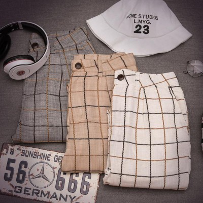 男裝2015新款 韓版質感棉麻方格繡線七分褲 夜店時尚百搭歐