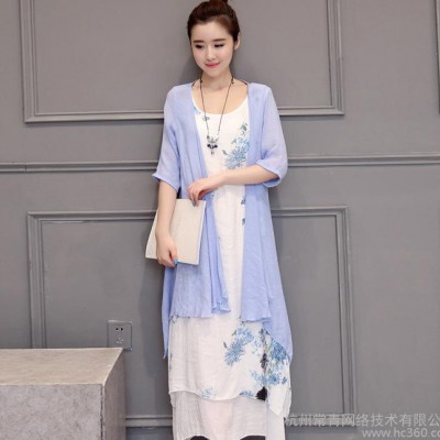 潮流棉麻套裝女 2016年夏季新款森女系印花連衣裙時尚外套兩