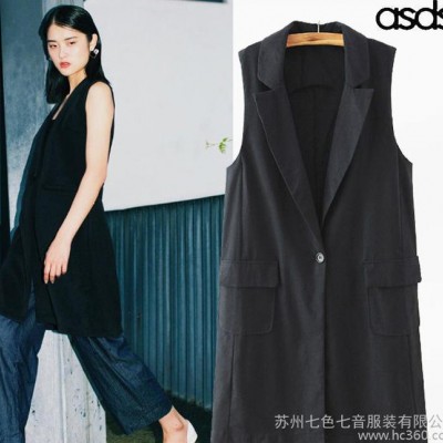 ASDS 2015秋季歐美新款  時尚棉麻口袋翻領中長款馬甲