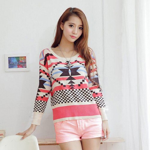 2014秋裝新款韓版時尚女裝上衣棉紗幾何圖案圓領長袖毛衣