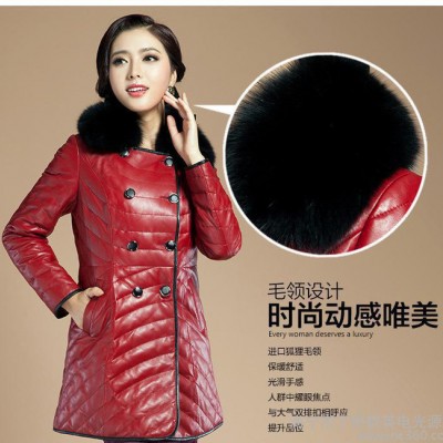 2013冬季中長款真皮羽絨皮衣 **毛領格子真皮皮衣 瑞麗女裝