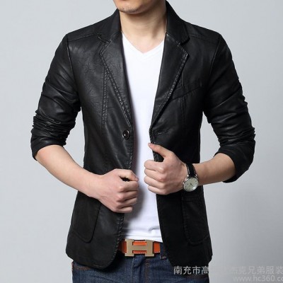 簡(jiǎn)約四口袋 短款修身皮衣 男外貿(mào)立領(lǐng)休閑水洗機(jī)車(chē)皮衣夾克 外