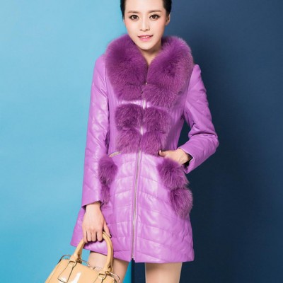 真皮羽絨服女中長款2014新款**毛領修身外套綿羊皮海寧特價皮衣