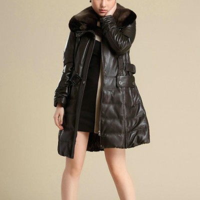 真皮羽絨服海寧女士皮衣 中長款羽絨皮衣 獺兔毛領大口袋修身皮衣