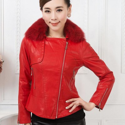 廠價女裝 進(jìn)口**毛領(lǐng)修身PU皮衣女士短款外套 媽媽裝