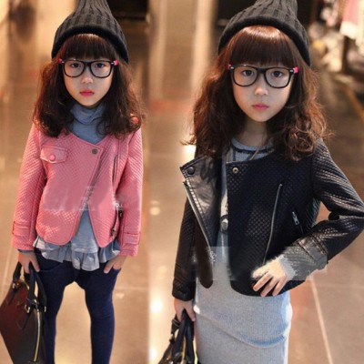 童裝 秋款童外套 韓版翻領女童外套 純色女童外套 短褲皮衣童外套