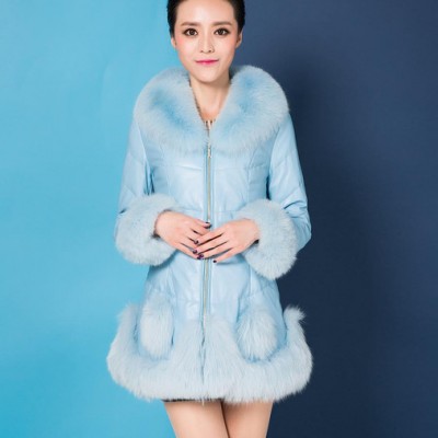 歐洲站2014新款**毛領綿羊皮真皮羽絨服海寧真皮皮衣女士中長款