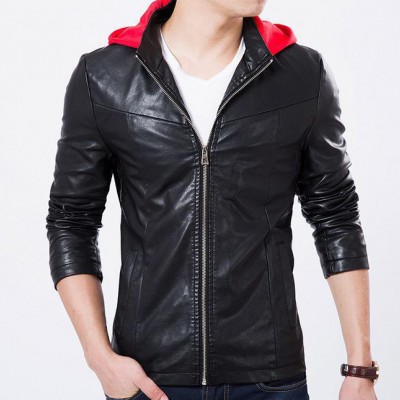 一件代發(fā)男裝 秋冬 PU皮紅帽子皮衣 男皮夾克J@@%45