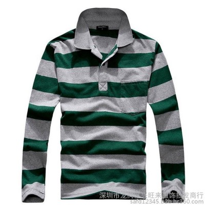 展銷夜市**男式T恤長袖條紋翻領男裝批發純棉男t恤深圳T恤生產**