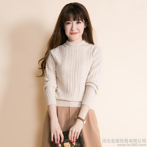 2016秋冬新款半高領(lǐng)加厚麻花羊絨衫女套頭短款純色毛衣針織打底衫