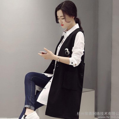 馬甲女2016春季新款時尚韓版無袖純色一粒扣顯瘦中長款馬甲