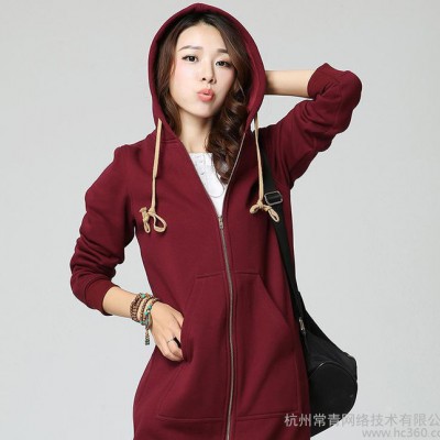 2015秋裝新款連帽長袖純色簡約氣質拉鏈門襟中長款衛衣