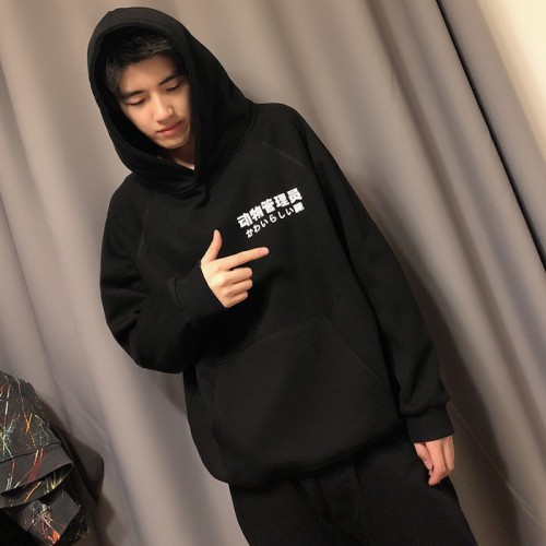 歐美寬松加絨情侶款連帽衛衣小動物管理員閨蜜學生BF風秋冬季運動印花連帽衛衣