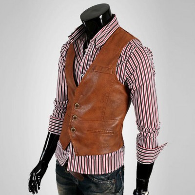 1件代發男裝 休閑都市 型男必備 時尚百搭男士皮質修身馬甲