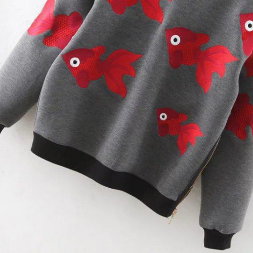 秋季新品韓版高端前片金魚刺繡拉鏈裝飾寬松顯瘦圓領(lǐng)套頭長袖衛(wèi)衣