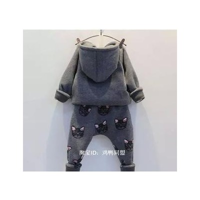 小辣妞 童裝2014韓版男童女童冬季新款貓咪加絨衛衣垮褲套裝