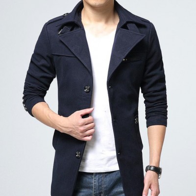 款價冬季單排扣門禁自主秋季適用風衣藍色休閑翻領男士風衣