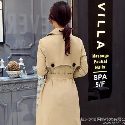 女式風衣新款2016春季韓版翻領長袖經典雙排扣中長款純色風衣