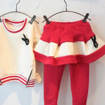 2014韓版童裝韓國童裝女童冬季新款小兔胸針加絨保暖衛衣裙褲