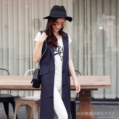 初秋潮流新款時尚翻領無袖純色單排扣中長款韓版馬甲