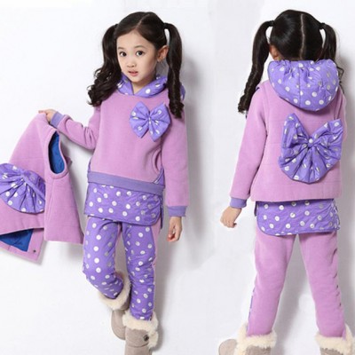 童裝 秋冬新款女童套裝 波點衛衣女童套裝  蝴蝶結女童加絨三件套
