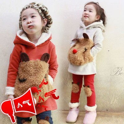 女童上衣冬女童裝韓版卡通小熊抓絨兒童衛衣純棉套裝套頭衫帶帽